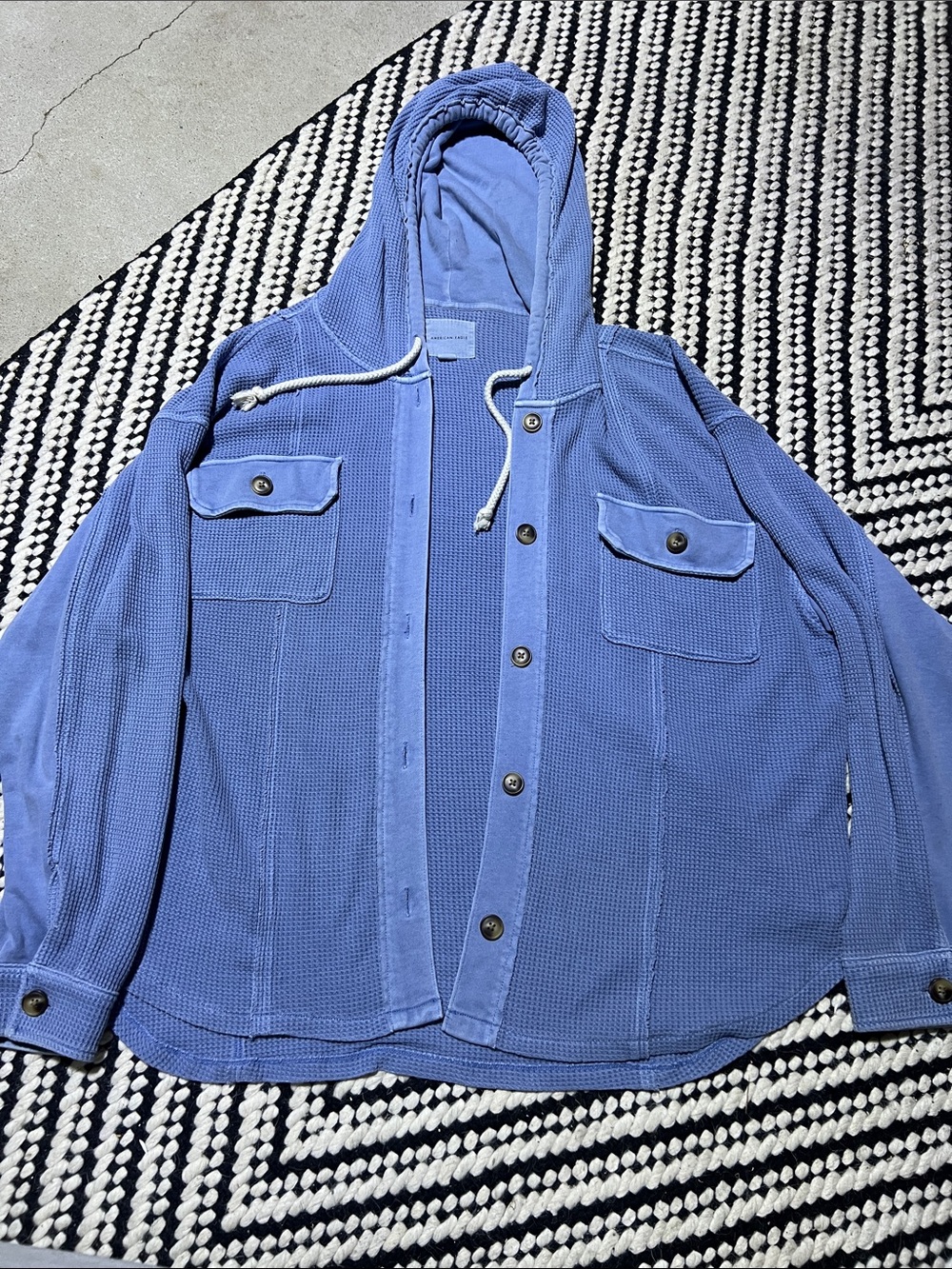 American Eagle Outfitters Blue Hooded Waffle Shirt